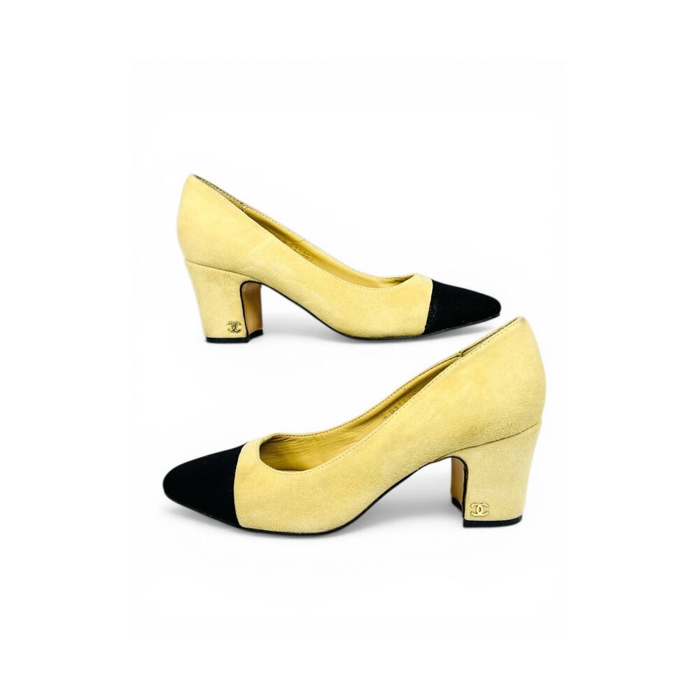 Chanel Cap Toe Beige Suede Block Heel Pumps EU 36 Two Tone - Picture 6 of 9